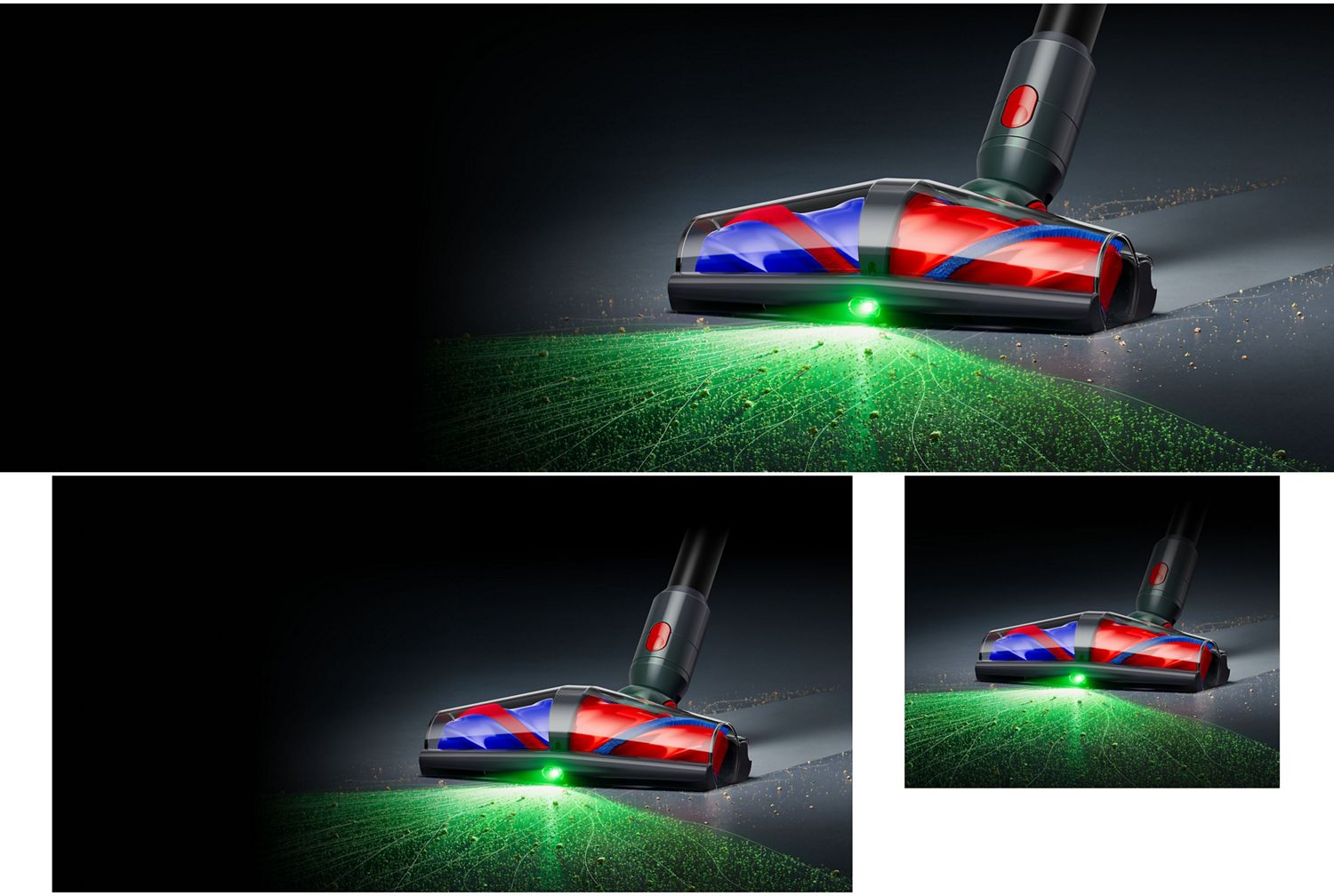 Dyson All Floor Cones cleaner head illuminates dust and dirt on hard floors.